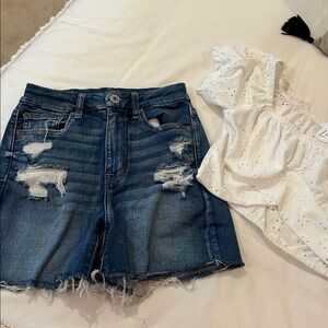“American Eagle” shorts and Size M eyelit top in white.